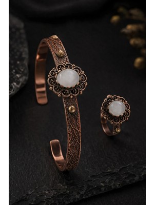 İyyaKe Kadın Bakır Bileklik Yüzük Set Doğal Yeşil Akik Taşlı Otantik Model Set