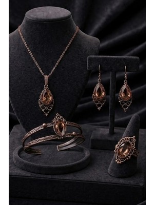 İyyaKe Kadın Bakır Bileklik Kolye Yüzük Küpe Takım Seti Damla Model Doğal Zultanit Taşlı Set