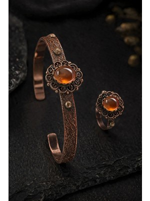 İyyaKe Kadın Bakır Bileklik Yüzük Set Doğal Turuncu Taşlı Otantik Model Set