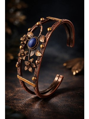 İyyaKe Kadın Bakır Bileklik Mavi Taşlı Yapraklı ve Çiçekli Model Bilezik Kelepçe