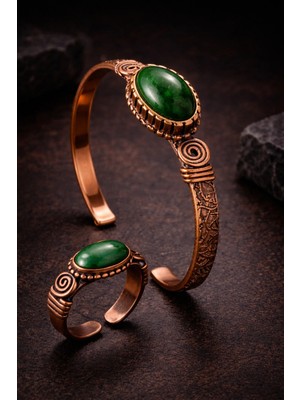 İyyaKe Kadın Bakır Bileklik ve Yüzük Takım Seti Yeşil Akik Taşı Set El Yapımı Bileklik
