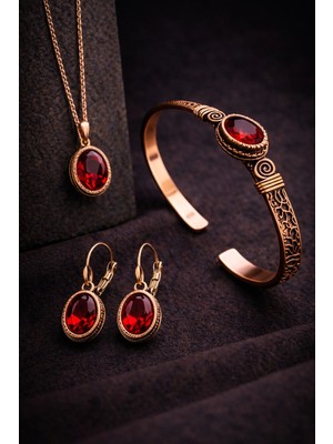 İyyaKe Kadın Bakır Bileklik Kolye Küpe Takım Seti Kırmızı Yakut Taşlı Saf Bakır Set