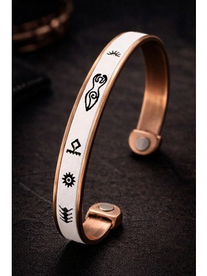 İyyaKe Erkek Saf Bakır Bileklik Üstü Beyaz Deri ve Desenli Ayarlanabilir Mıknatıslı Model Erkek Kadın Bakır