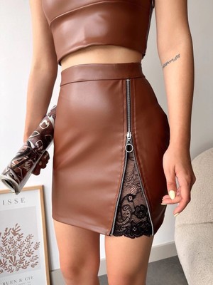 Beei Dantelli Fermuarlı Deri Etek Kahve