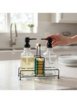 Wowo 3'lü Siyah Stantlı Cam Sıvı Sabunluk ve Deterjanlık Seti