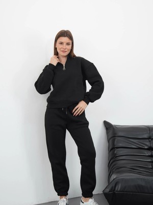 Beei 3 Iplik Içi Şardonlu Yarım Fermuarlı Alt Üst Takım Siyah