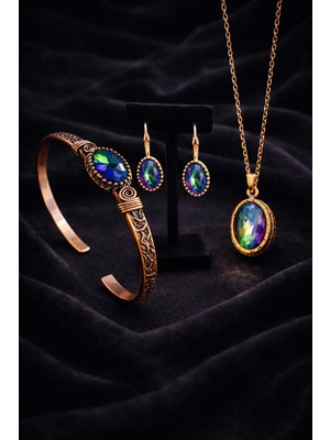 İyyaKe Kadın Bakır Küpe Bileklik Kolye Takım Seti Doğal Mistik Topaz Taşlı Oval Model Set