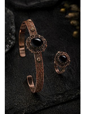 İyyaKe Kadın Bakır Bileklik Yüzük Set Doğal Siyah Oniks Taşlı Otantik Model Set