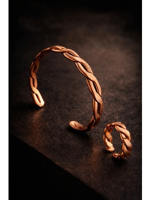 İyyaKe Kadın Bakır Bileklik ve Yüzük Seti Örgü Model Kelepçe Bilezik Set