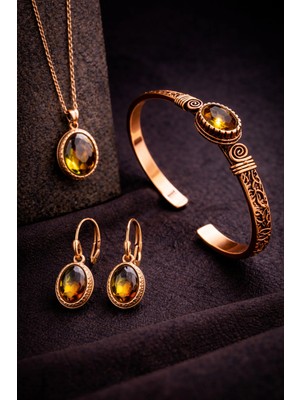 İyyaKe Kadın Bakır Bileklik Kolye Küpe Takım Seti Renk Değiştiren Zultanit Taşlı Saf Bakır Set