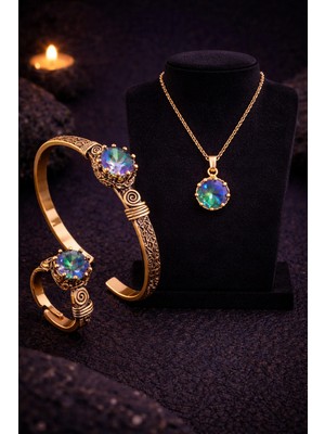 İyyaKe Kadın Bakır Bileklik Yüzük Kolye Takım Seti Doğal Yuvarlak Model Bakır Set