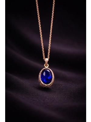 İyyaKe Kadın Bakır Kolye Doğal Koyu Mavi Safir Taşlı Minimal Model Kolye