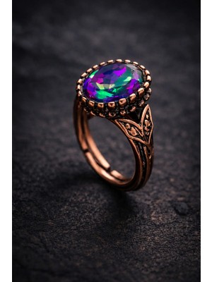 İyyaKe Kadın Bakır Yüzük Doğal Mistik Topaz Taşı Oval Model Kelepçe Yüzük