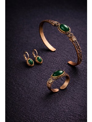 İyyaKe Kadın Bileklik Küpe Yüzük Takım Set Doğal Yeşil Akik Taşlı Bakır Set