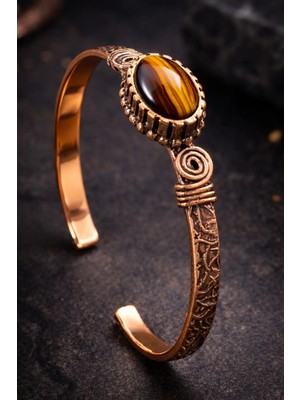 İyyaKe Kadın Bakır Bileklik Büyük Doğal Kaplan Gözü Taşlı Dokulu Saf Bakır Kelepçe