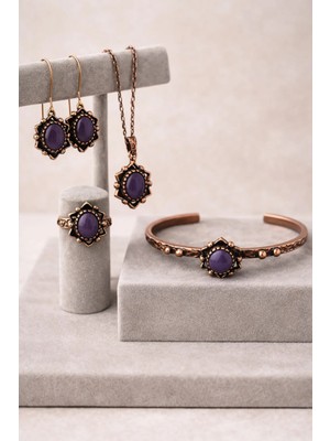 İyyaKe Kadın Bakır Kolye Bileklik Yüzük Küpe Takım Seti Doğal Koyu Ametist Taşlı Saf Bakır Set