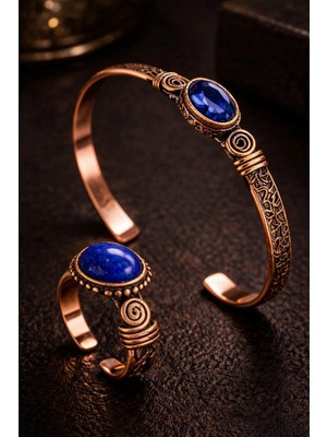 İyyaKe Kadın Bakır Bileklik ve Yüzük Takım Seti Mavi Safir Taşı Set El Yapımı Bileklik