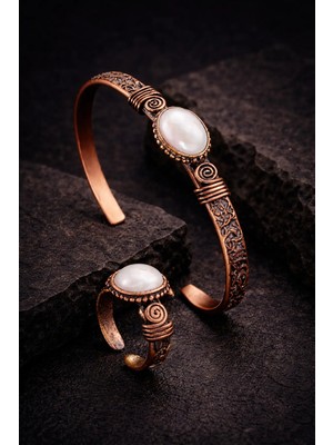 İyyaKe Kadın Bakır Bileklik ve Yüzük Takım Seti Beyaz Taşlı Set El Yapımı Bileklik
