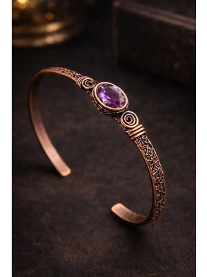 İyyaKe Kadın Bakır Bileklik Doğal Mor Ametist Taşlı Oval Model Bakır Bilezik