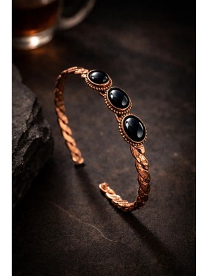 İyyaKe Kadın Bakır Bileklik 3 Sıra Doğal Siyah Oniks Taşlı Burgu Model Saf Bakır Bilezik