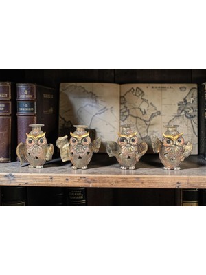 Elifeshop Lüks 4’lü Akademisyen Baykuş Biblo Seti 11 cm Dekoratif Reçine Ev Ofis Vitrin Hediyesi Şık
