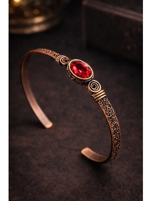 İyyaKe Kadın Bakır Bileklik Doğal Sarı Kırmızı Yakut Taşlı Oval Model Bakır Bilezik