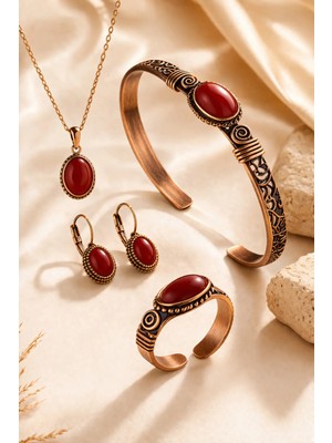 İyyaKe Kadın Bakır Bileklik Kolye Yüzük Küpe Takım Seti Doğal Kırmızı Akik Taşlı Saf Bakır Set