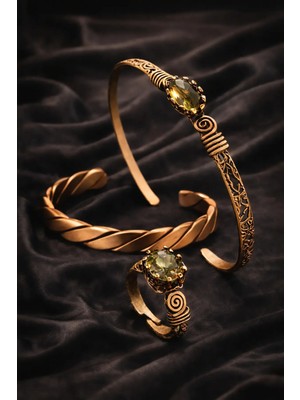 İyyaKe Kadın Bakır Bileklik Yüzük Set 3 Lü Set Zultanit Taşlı ve Burgu Model Set