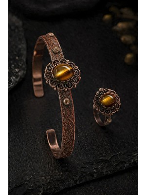 İyyaKe Kadın Bakır Bileklik Yüzük Set Doğal Siyah Oniks Taşlı Otantik Model Set