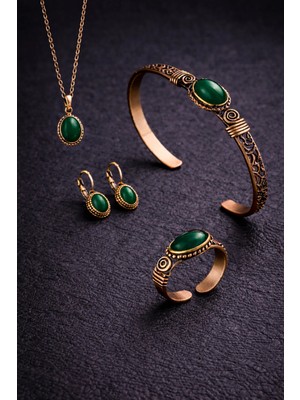 İyyaKe Kadın Bakır Bileklik Kolye Yüzük Küpe Takım Seti Doğal Yeşil Akik Taşlı Saf Bakır Set