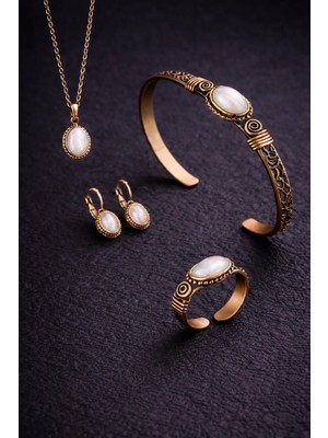 İyyaKe Kadın Bakır Bileklik Kolye Yüzük Küpe Takım Seti Doğal Beyaz Taşlı Saf Bakır Set