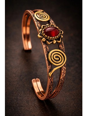 İyyaKe Kadın Bakır Bileklik Doğal Kırmızı Akik Taşlı Şık Kelepçe Bilezik
