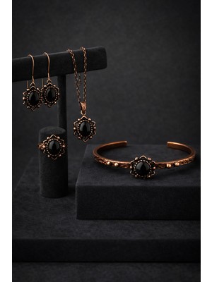 İyyaKe Kadın Bakır Kolye Bileklik Yüzük Küpe Takım Seti Doğal Siyah Oniks Taşlı Saf Bakır Set