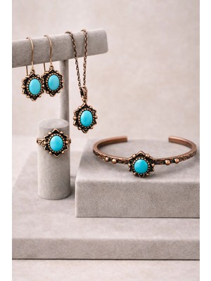 İyyaKe Kadın Bakır Kolye Bileklik Yüzük Küpe Takım Seti Doğal Firuze Taşlı Saf Bakır Set