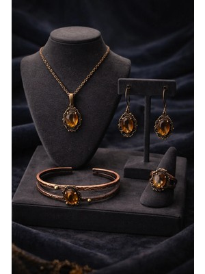 İyyaKe Kadın Bakır Kolye Bileklik Yüzük Küpe Takım Set Renk Değiştiren Zultanit Taşlı Saf Bakır Set