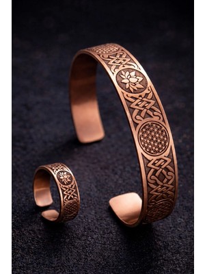 İyyaKe Erkek Kadın Bakır Bileklik Yüzük Seti Lotus ve Yaşam Çiçeği Motifli Saf Bakır Set