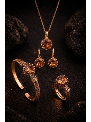 İyyaKe Kadın Bakır Bileklik Yüzük Küpe Kolye Takım Seti Doğal Zultanit Taşı Yuvarlak Model Bakır Set