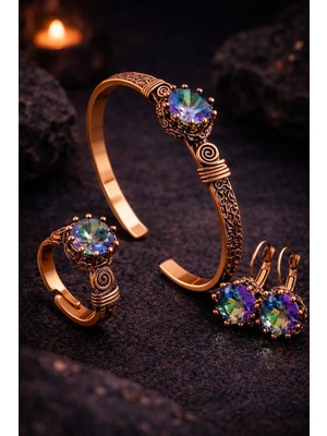 İyyaKe Kadın Bakır Bileklik Yüzük Küpe Takım Seti Doğal Mistik Topaz Yuvarlak Model Taşlı Saf Bakır Set