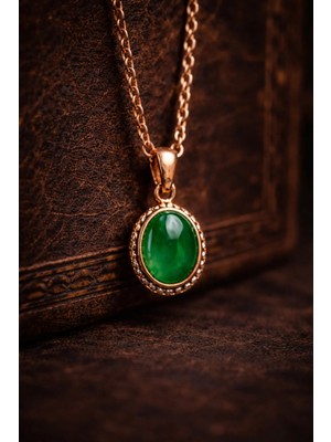 İyyaKe Kadın Bakır Kolye Doğal Yeşil Akik Taşlı Saf Bakır Zincir