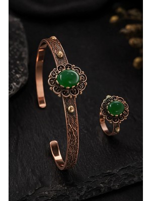 İyyaKe Kadın Bakır Bileklik Yüzük Set Doğal Yeşil Akik Taşlı Otantik Model Set