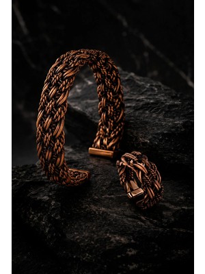 İyyaKe Kadın Bakır Bileklik Yüzük Set Örgü Model Kalın Saf Bakır Set