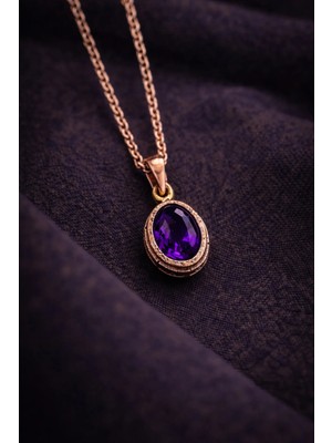 İyyaKe Kadın Bakır Kolye Doğal Mor Ametist Taşlı Minimal Model Kolye