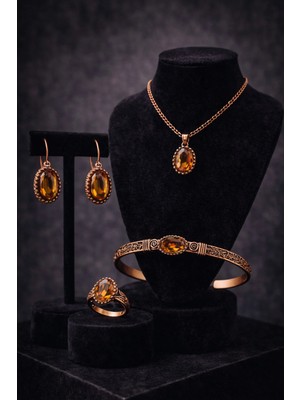 İyyaKe Kadın Bakır Bileklik Yüzük Küpe Kolye Takım Seti Doğal Zultanit Taş Oval Model Bakır Set