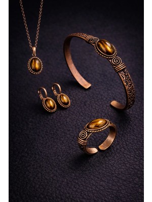 İyyaKe Kadın Bileklik Kolye Küpe Yüzük Takım Seti Doğal Kaplan Gözü Taşlı Kombin Set