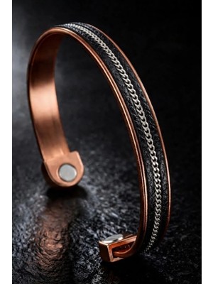 İyyaKe Erkek Kadın Bakır Bileklik Üstü Deri Şeritli Mıknatıs Model Saf Bakır Bileklik