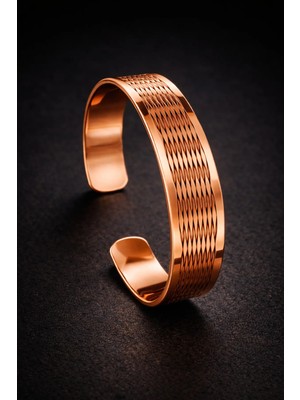 İyyaKe Erkek Bakır Bileklik Üstü Çizgi Desenli Saf Bakır Kalın Bileklik