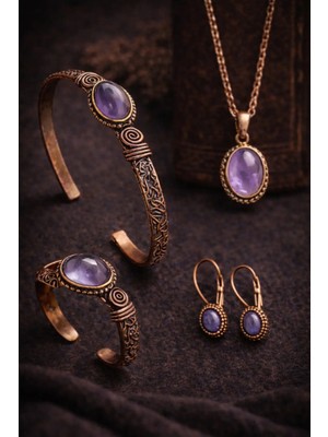 İyyaKe Kadın Bakır Bileklik Kolye Yüzük Küpe Takım Seti Doğal Ametist Taşlı Saf Bakır Set