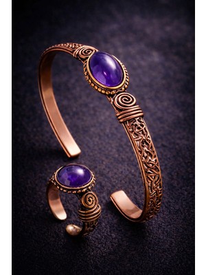 İyyaKe Kadın Bakır Bileklik ve Yüzük Takım Seti Beyaz Taşlı Set El Yapımı Bileklik