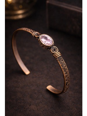 İyyaKe Kadın Bakır Bileklik Doğal Pembe Zirkon Taşlı Oval Model Bakır Bilezik