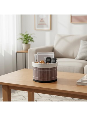 Yuvarlak Bambu Düzenleyici ve Saklama Sepeti – Çok Amaçlı Banyo, Makyaj ve Ofis Organizeri, Kumaş Astarlı Dekoratif Silindir Kutu (18X13 Cm, Gri)
